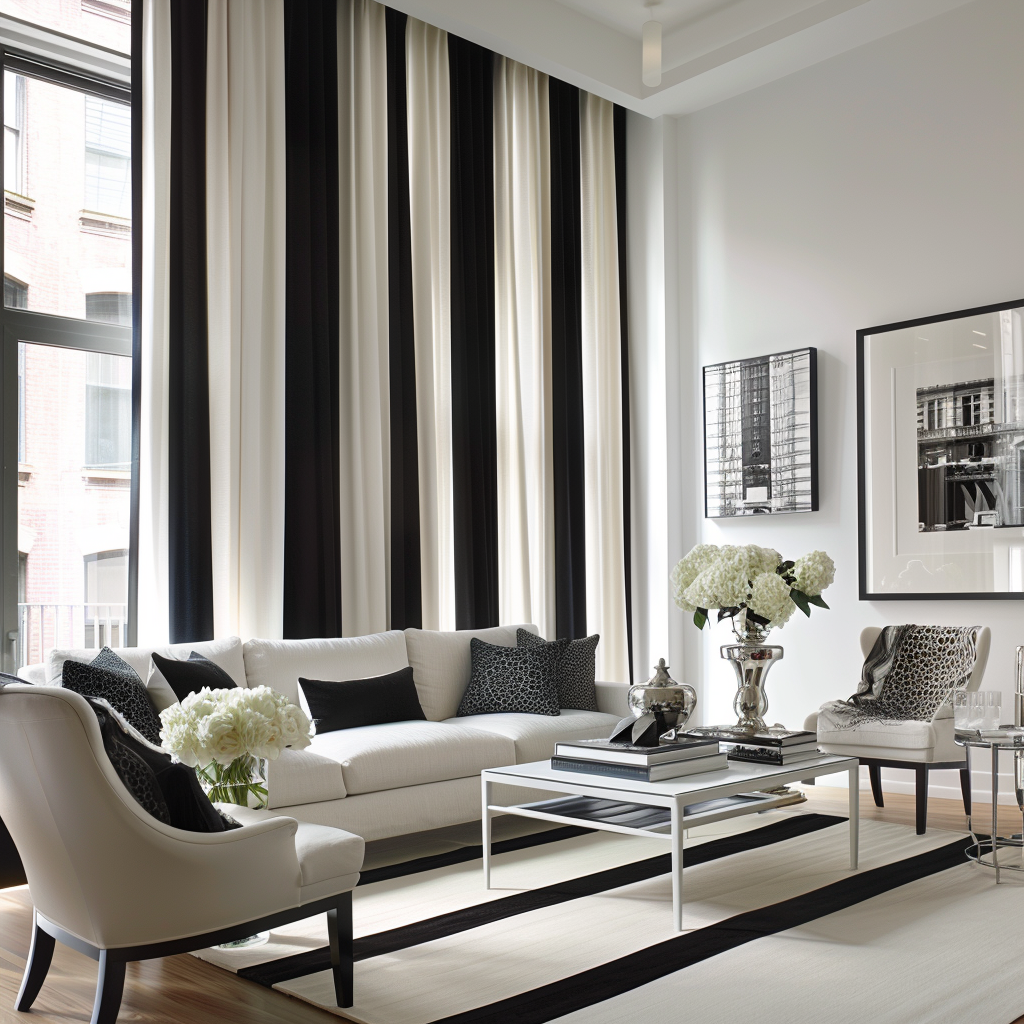 Bold black and white striped curtains create a striking contrast in a sleek, modern living room with minimalist decor1