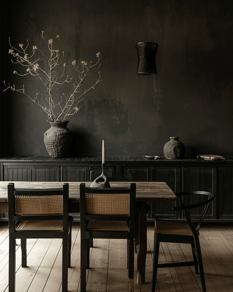 Bold dark dining room furniture including a vintage bar cart and aged wood elements