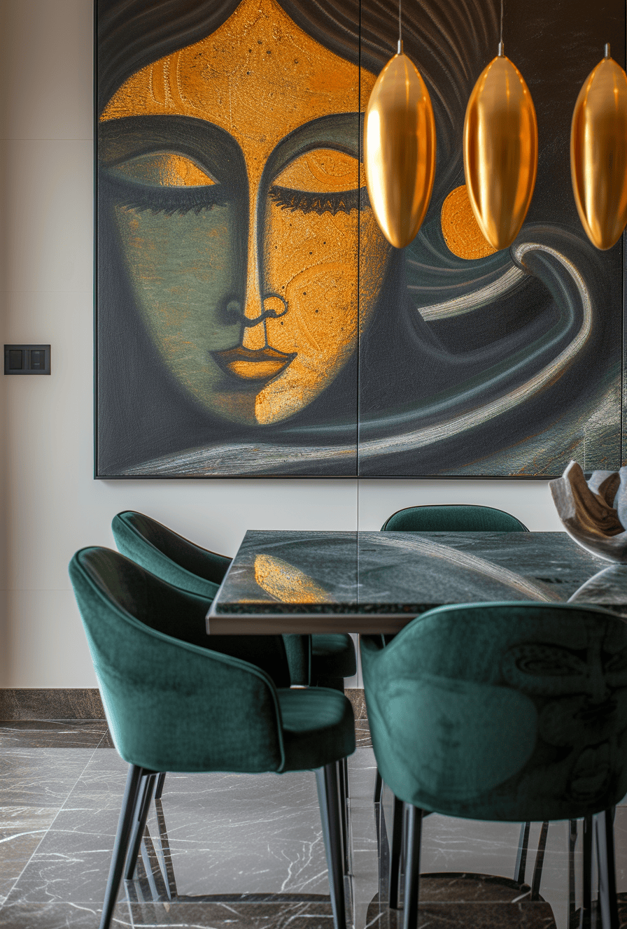 Bold graphic art adding a modern twist to an Art Deco dining room