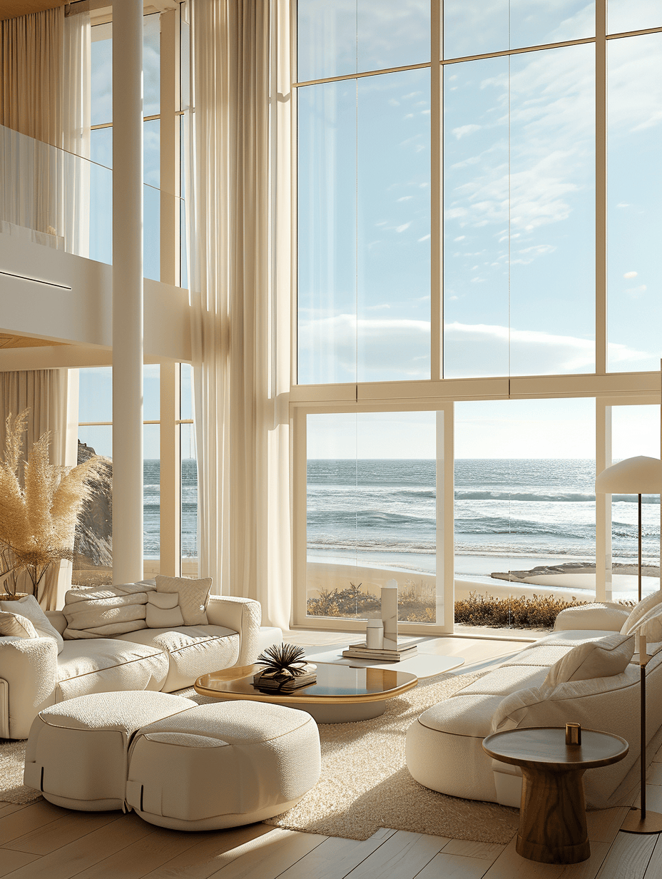 Breezy window treatments in a coastal living room with sea views