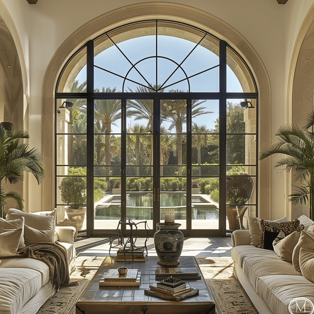 Bright Mediterranean living room with a focus on incorporating French doors and large windows for a seamless indoor outdoor connection