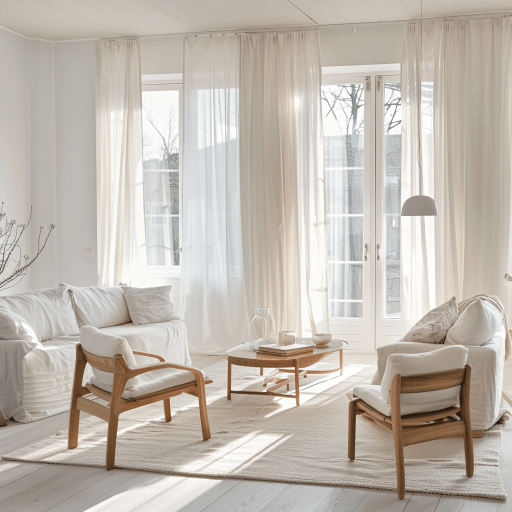 Bright Scandinavian living room with white walls, large windows, and sheer curtains