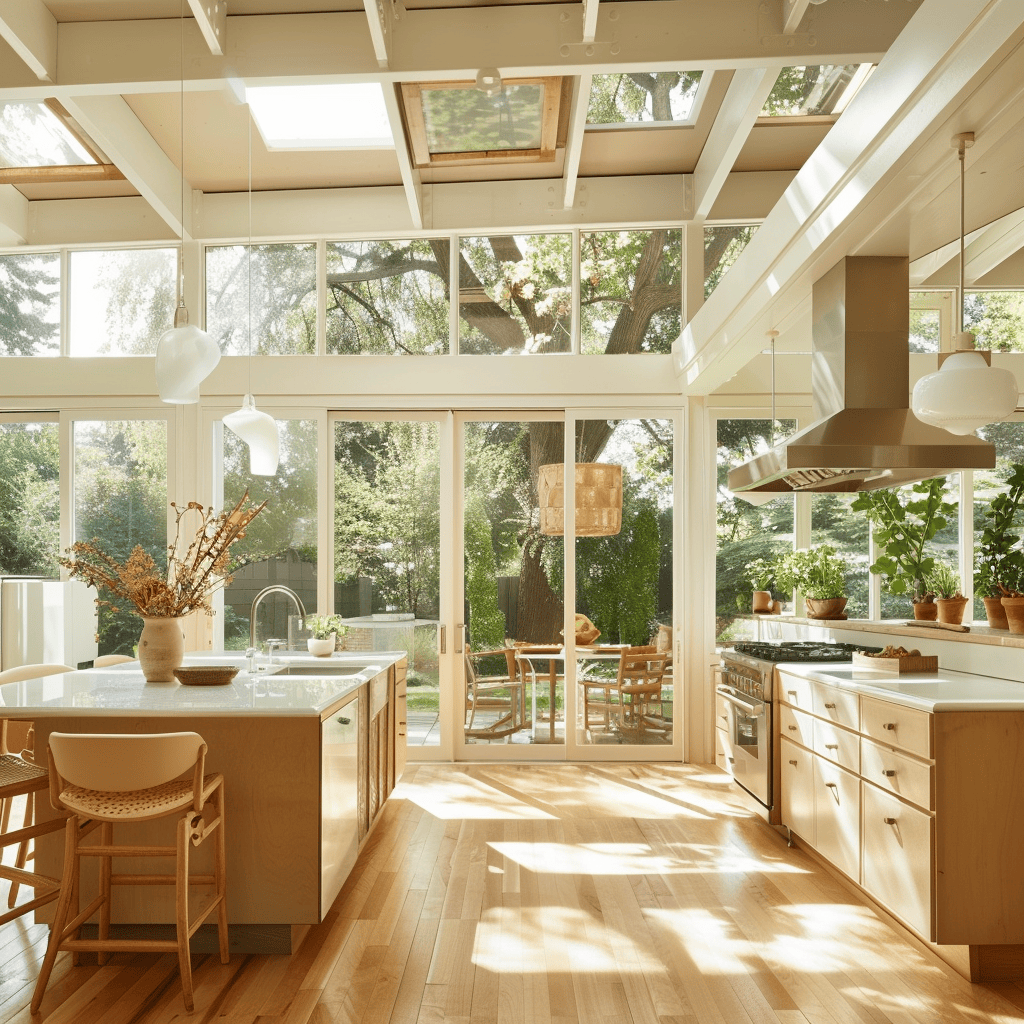Bright, airy mid-century modern kitchen with large windows, skylights, or glass doors allowing abundant natural light3