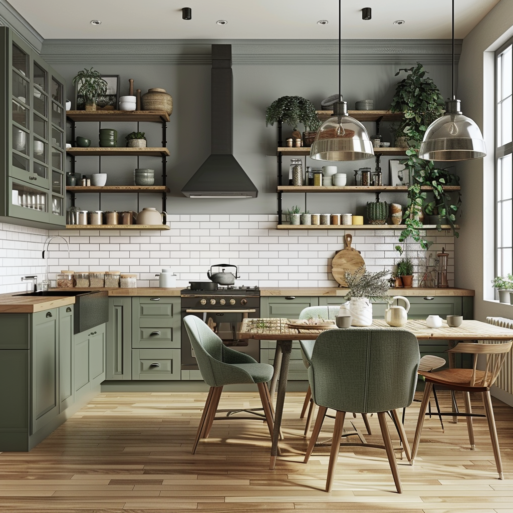 Bright and airy farmhouse kitchen with sage green cabinets and natural wood accents