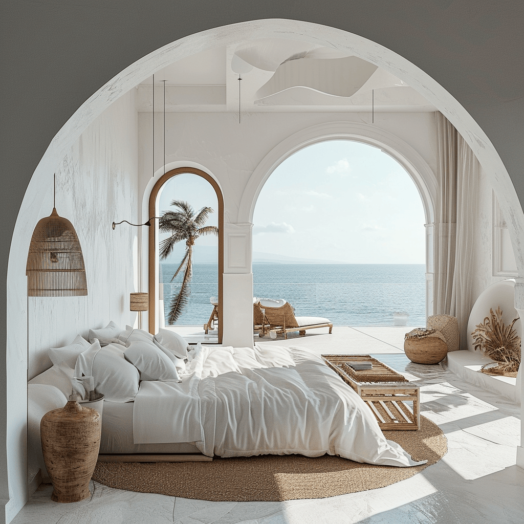 Bright and cheery coastal bedroom with yellow highlights and breezy window treatments