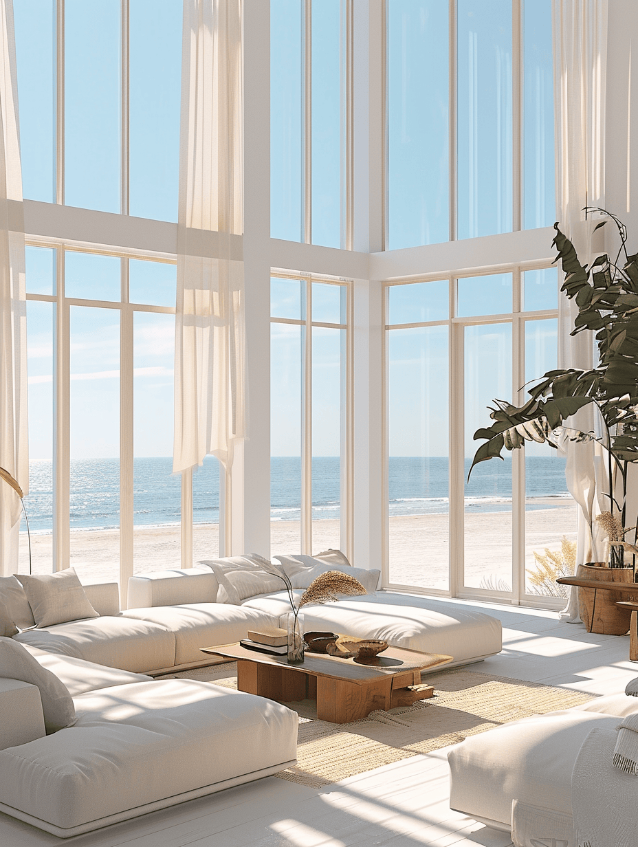 Bright coastal living room with large windows and neutral color palette