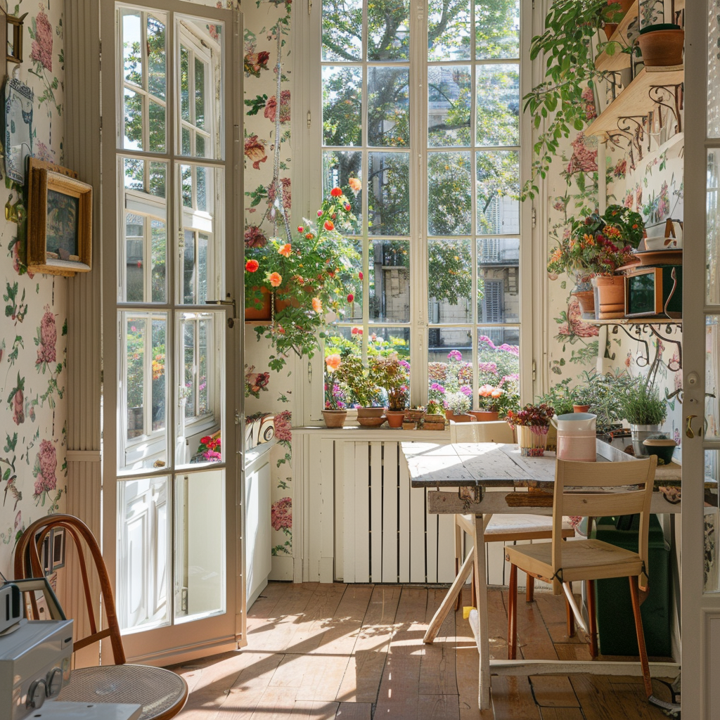 Bright living space adorned with floral arrangements and potted plants, bringing a touch of nature indoors