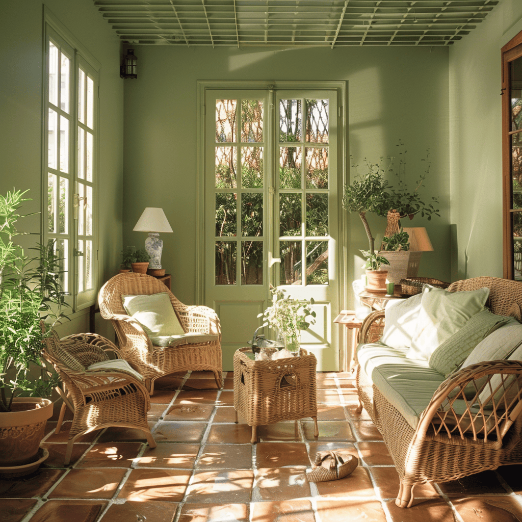 Calming Mediterranean sunroom featuring olive walls, sage-hued wicker pieces, and aromatic herb pots, fostering a tranquil atmosphere