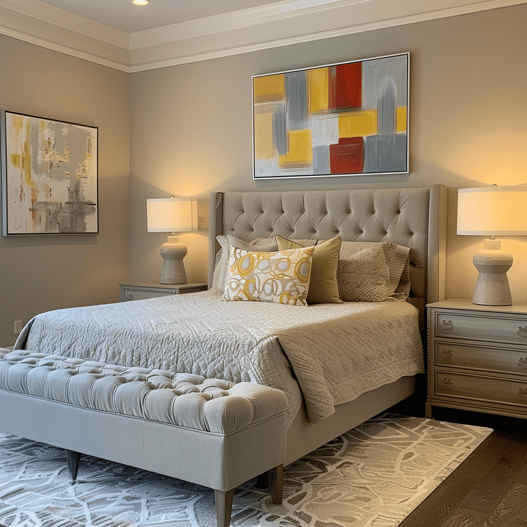 Calming modern bedroom featuring a versatile neutral color palette with subtle pops of color