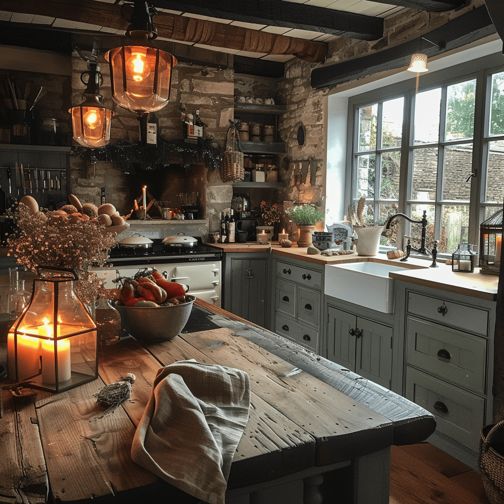 Candles and lanterns in this English countryside kitchen create a cozy atmosphere, adding a warm and romantic touch to the space