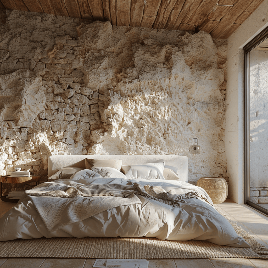 Captivating Mediterranean bedroom design incorporating a natural stone feature wall, bringing the outdoors in and creating a sense of natural beauty