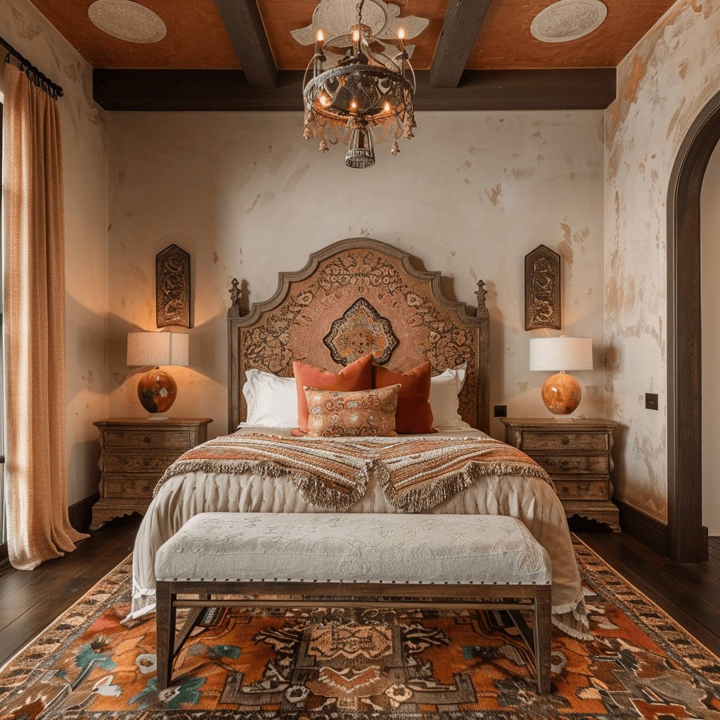 Captivating Mediterranean bedroom that engages the sense of sight with a stunning blend of soothing colors, rich textures, and intricate patterns