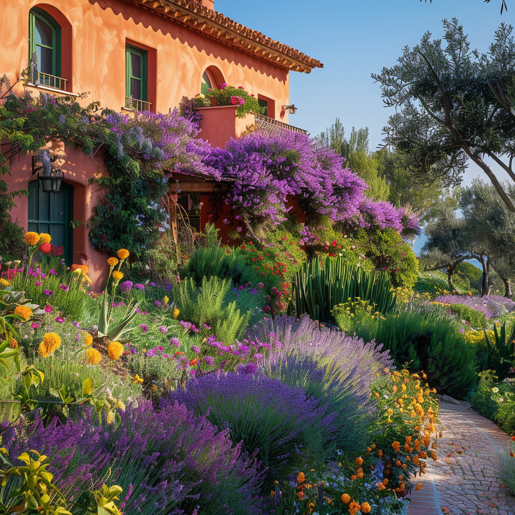Captivating Mediterranean garden with a vibrant mix of lavender, bougainvillea, geraniums in purple, pink, and red, alongside citrus and olive trees
