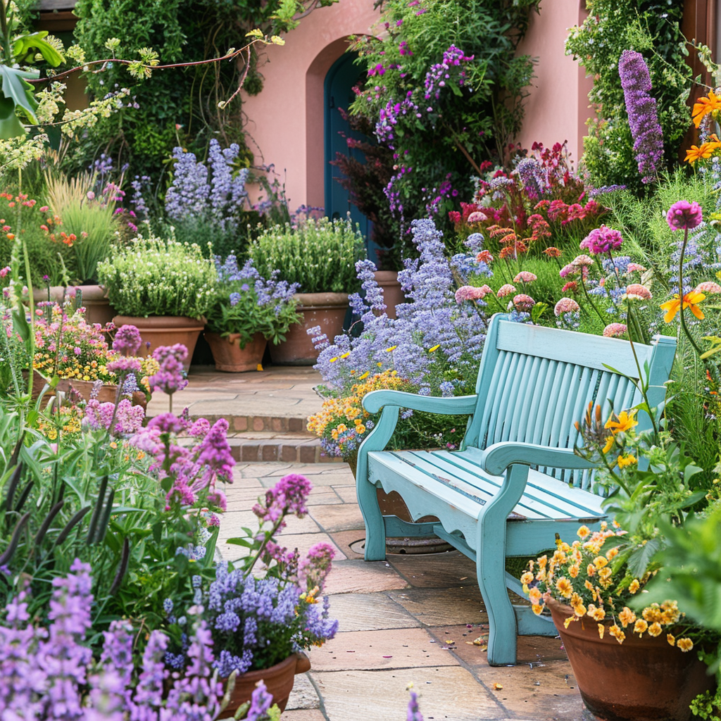 Captivating Mediterranean outdoor space with vibrant blooms, earthy herb pots, and a soft blue seating area