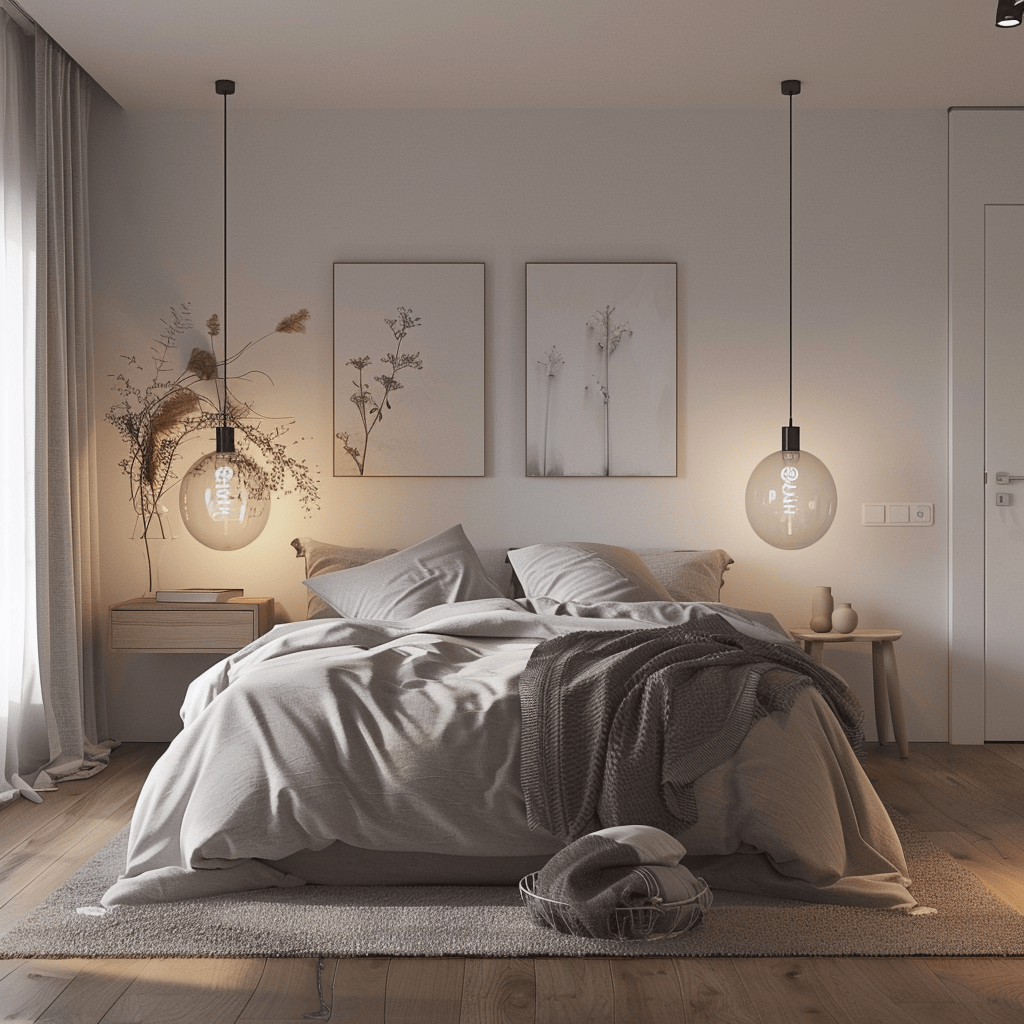 Carefully selected lighting in a Scandinavian bedroom, creating a balanced and inviting atmosphere