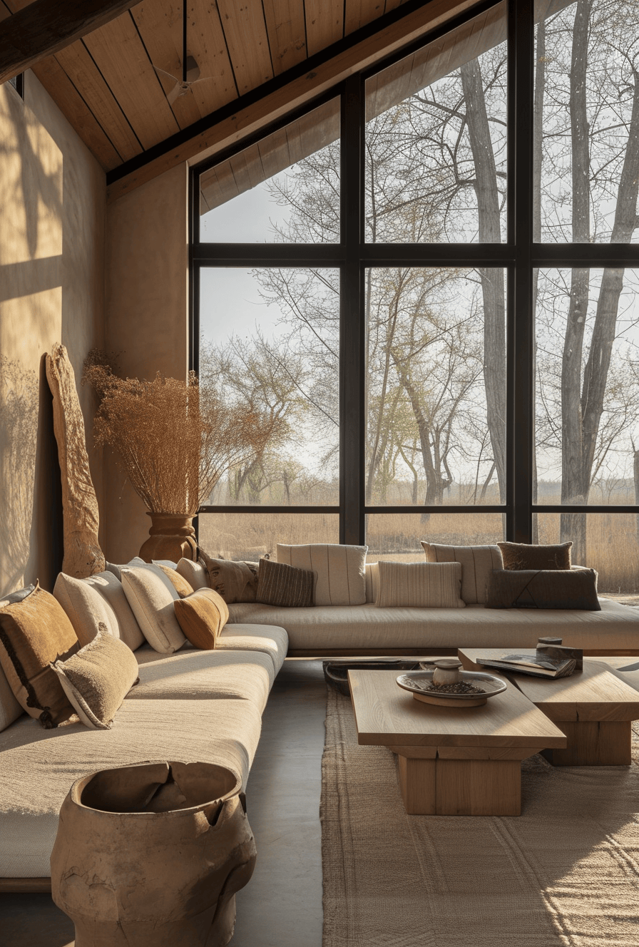 Cast iron fireplace tools next to a stone fireplace in a rustic living room