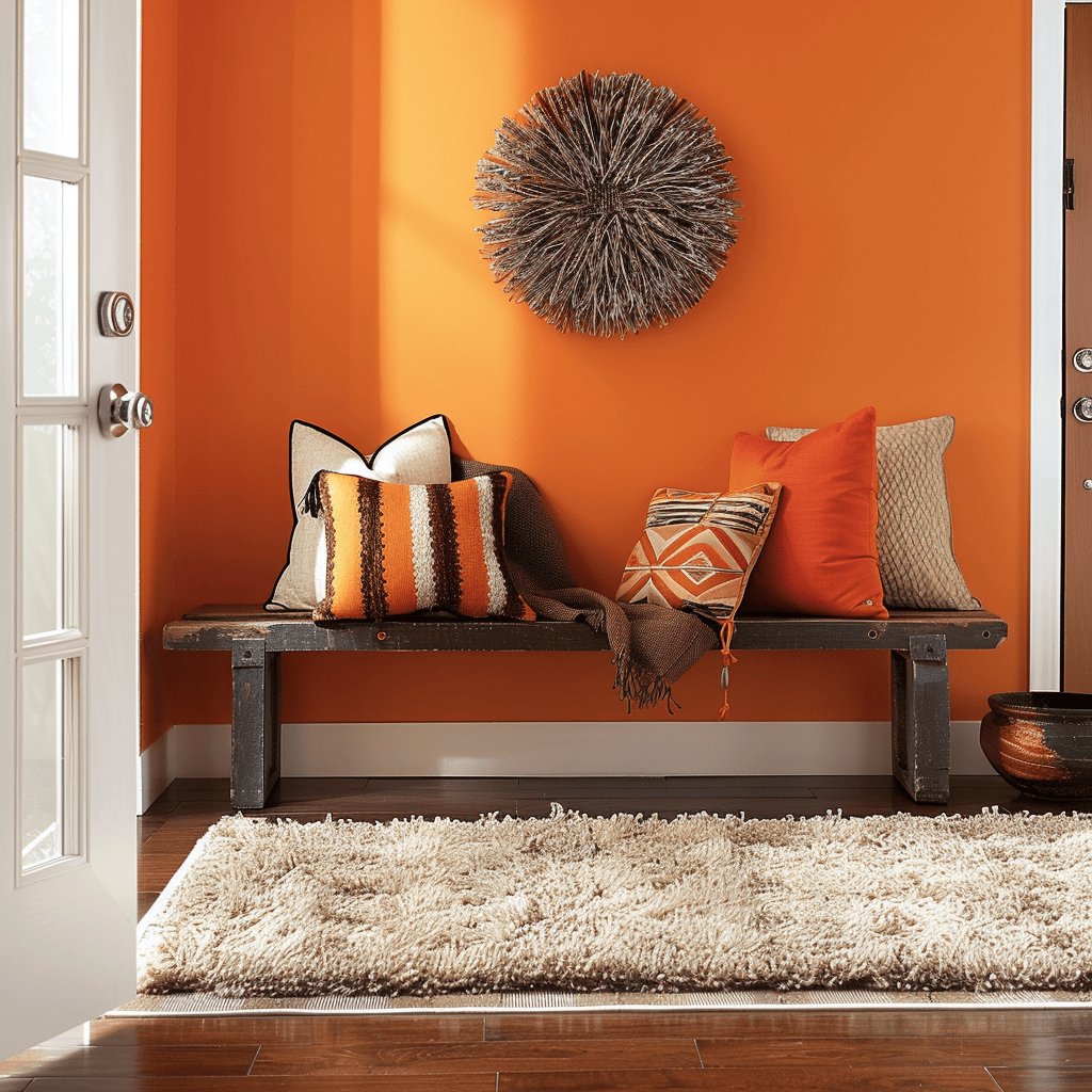 Casual 1970s vibe with orange upholstery and rustic wood furniture