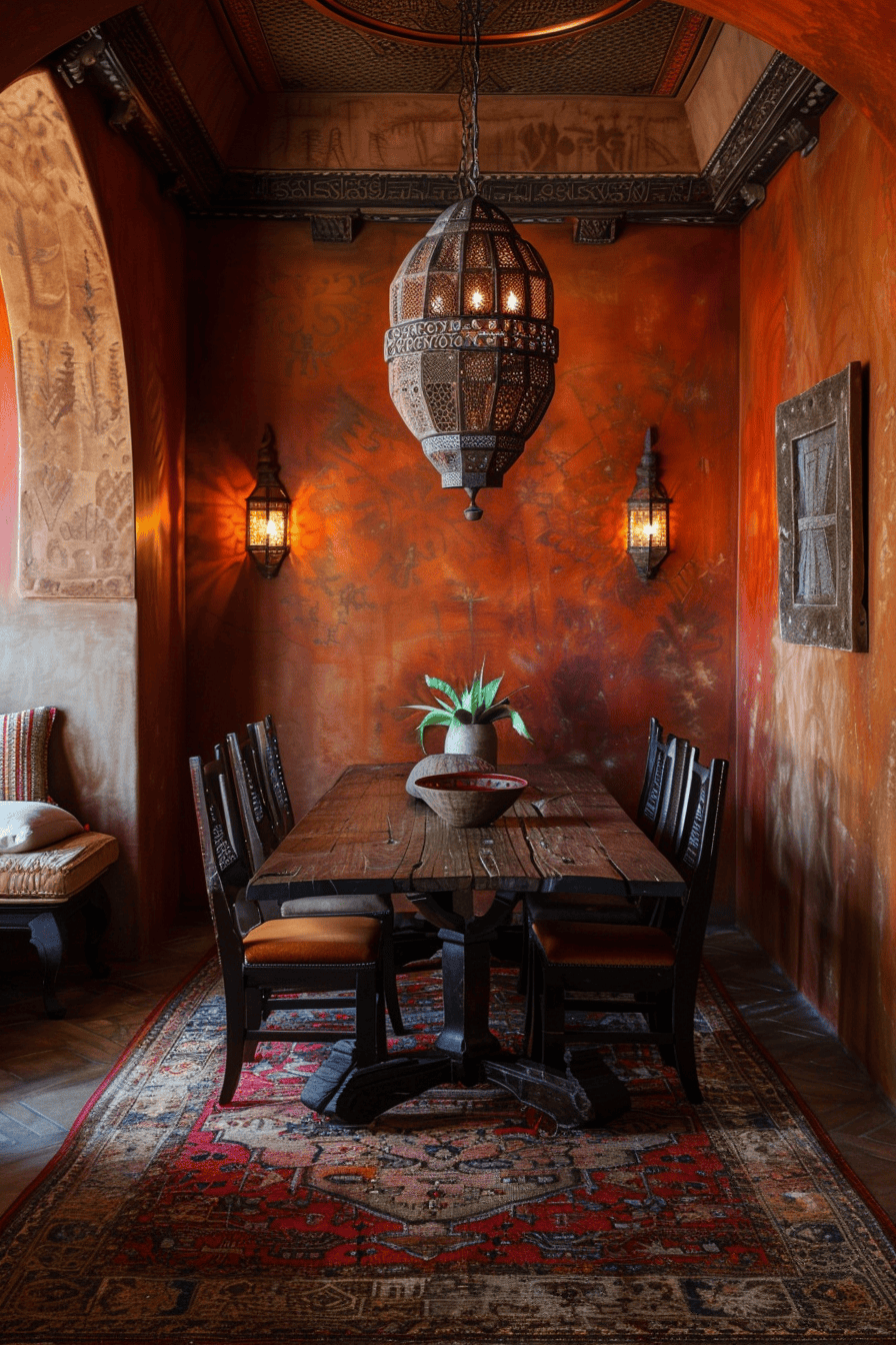 Casual Moroccan dining room furnished with versatile Moroccan poufs