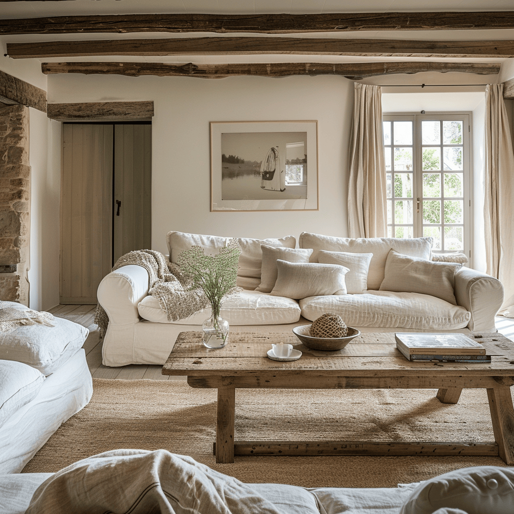 Casual, elegant Scandinavian living room with a slipcovered linen sofa, light wood coffee table, and cozy throw