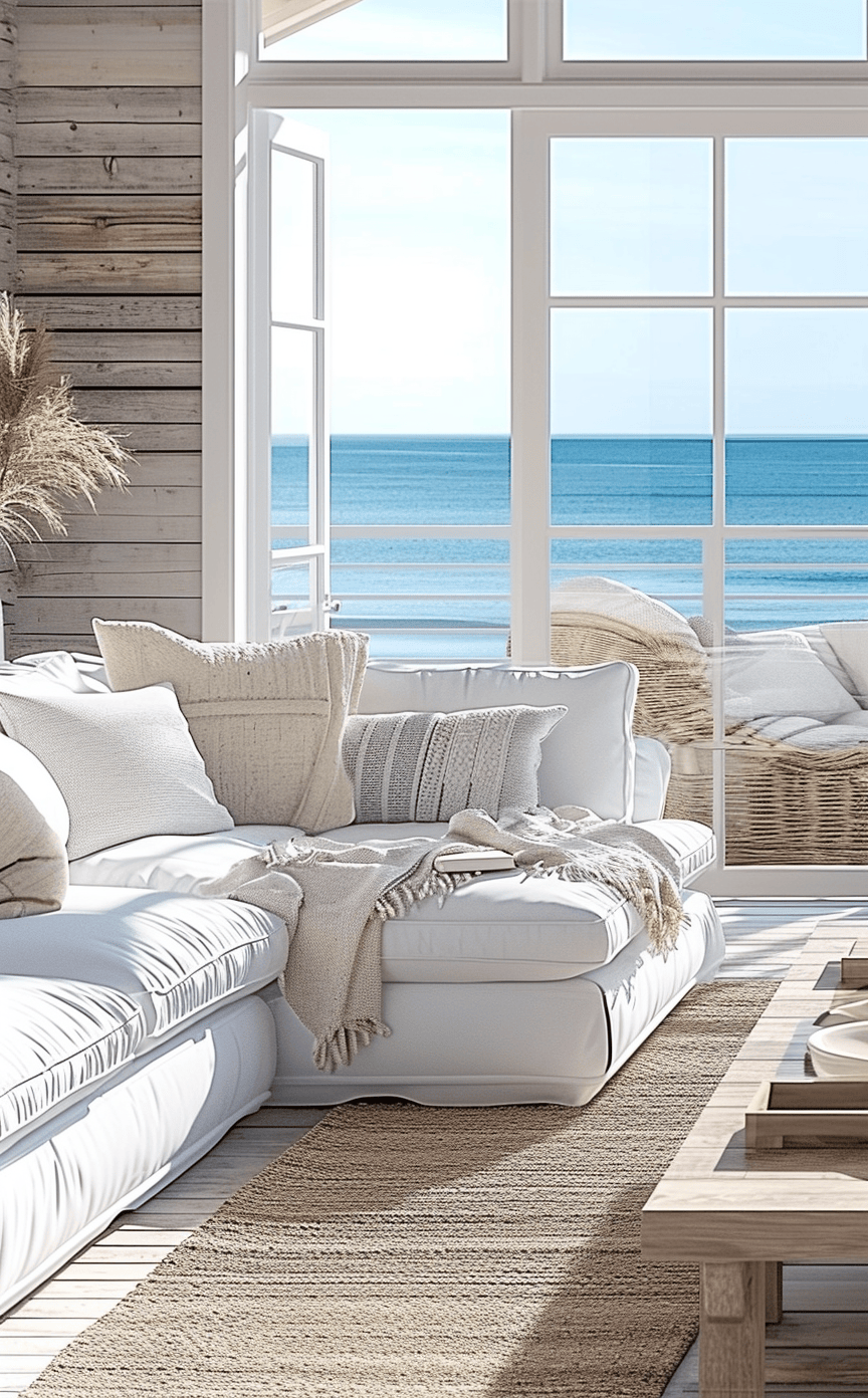 Casual slipcovered sofa in a light and airy coastal living room