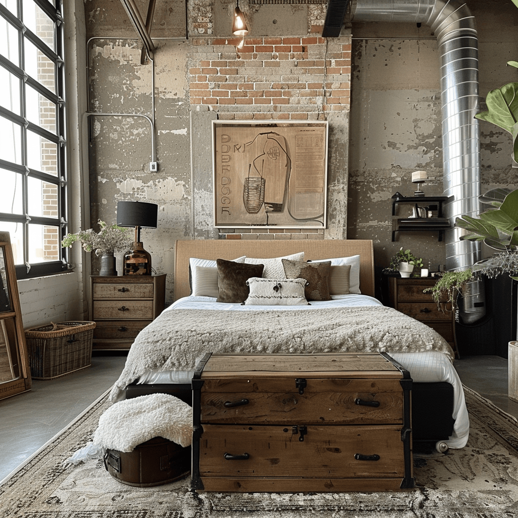 Celebrity-inspired industrial bedroom with vintage finds and Pinterest-worthy design elements