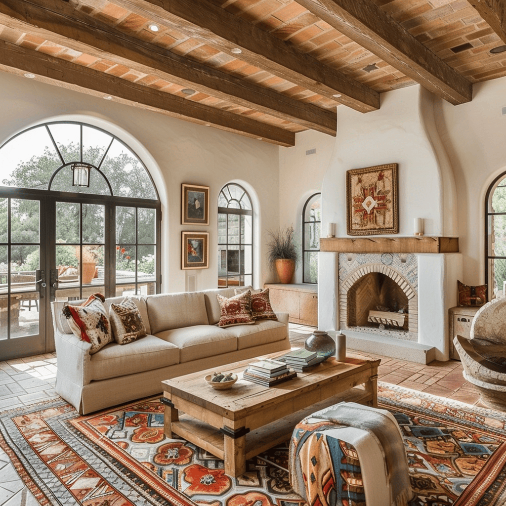Characterful Mediterranean living room featuring a mix of architectural details and decorative elements