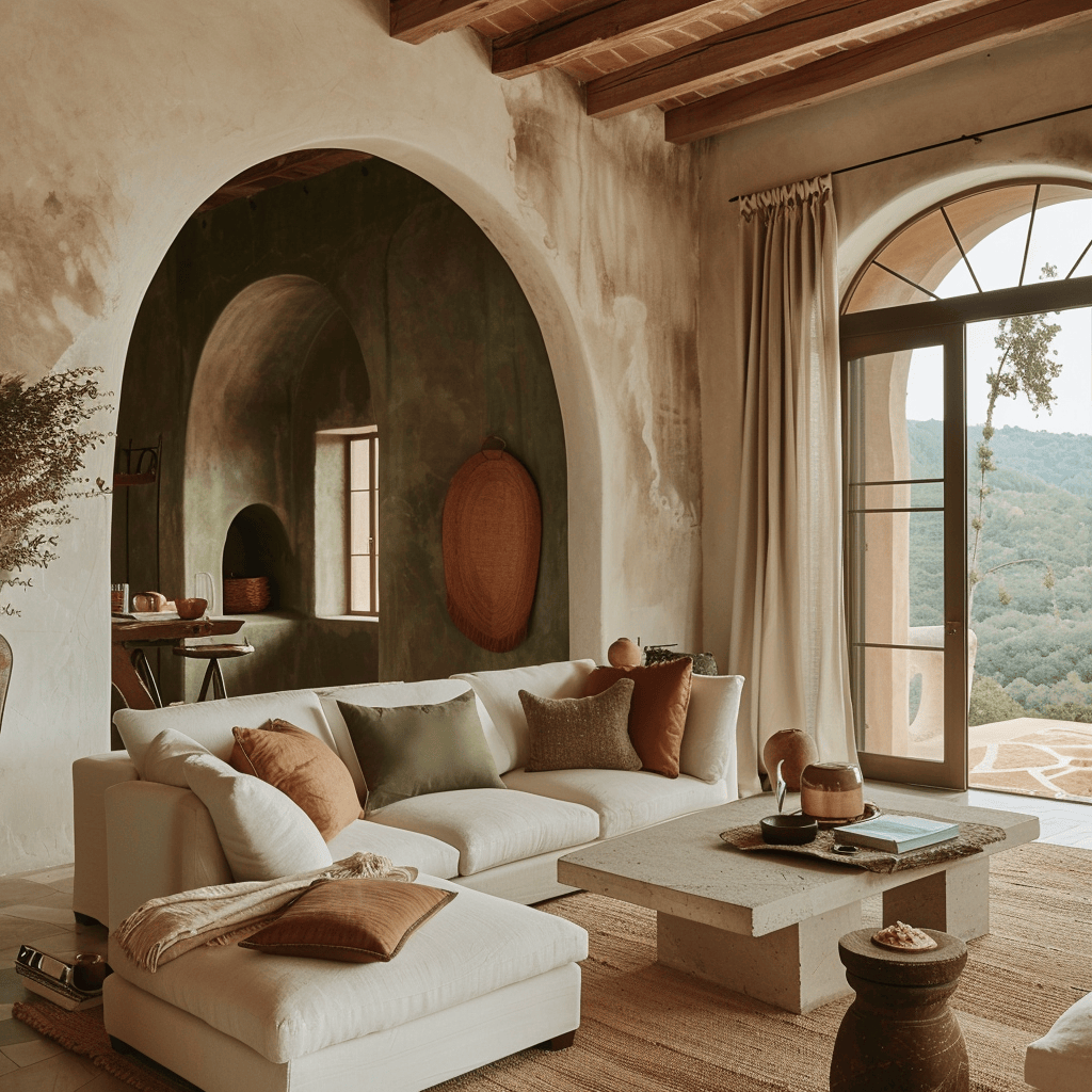 Characterful Mediterranean living room showcasing the use of terracotta and olive green accents for a natural feel