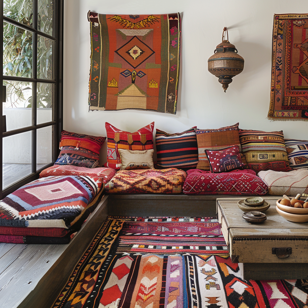Characterful Mediterranean living room with a focus on incorporating a colorful rug for a playful and inviting feel