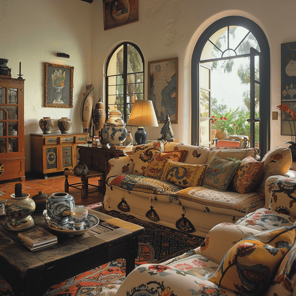 Characterful Mediterranean living room with a focus on incorporating personal touches for a layered and meaningful feel