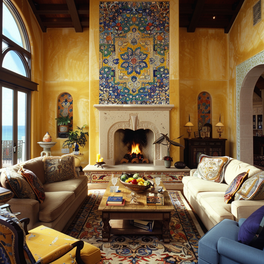 Characterful Mediterranean living room with a focus on incorporating tiled backsplashes and accent walls for a unique ambiance