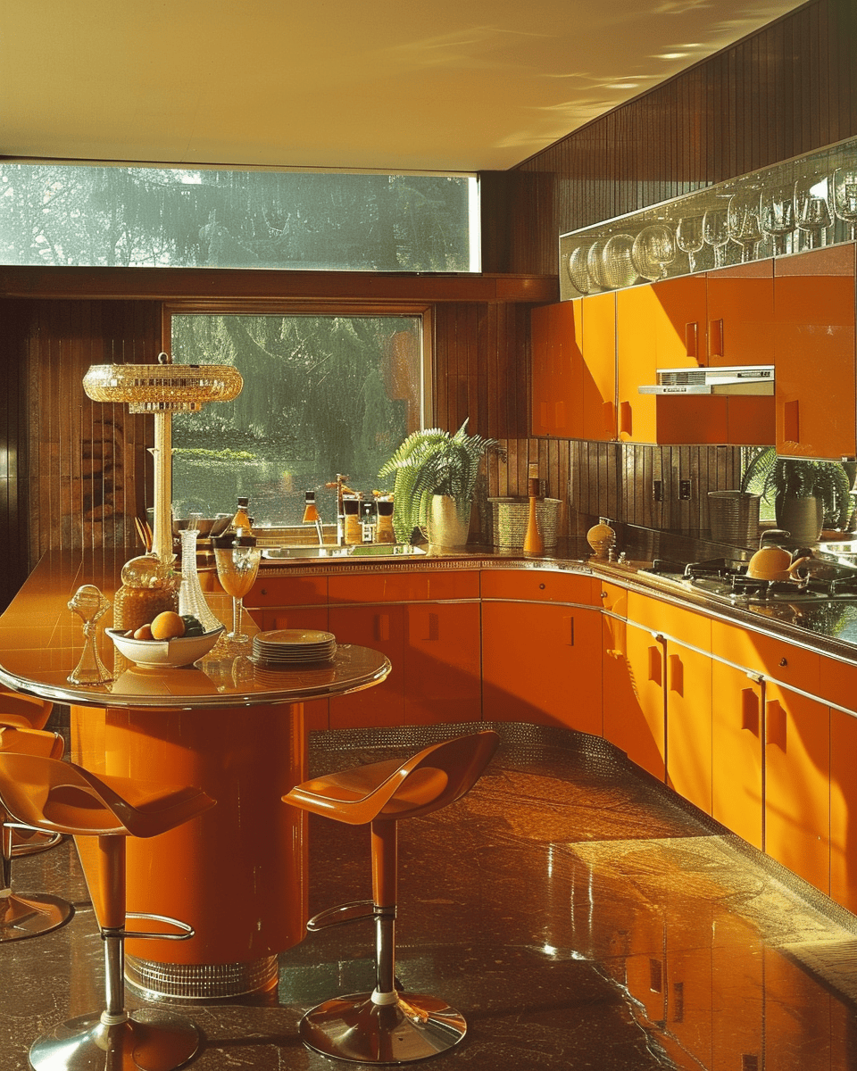 Charming 70s kitchen with vibrant tiles and backsplash designs