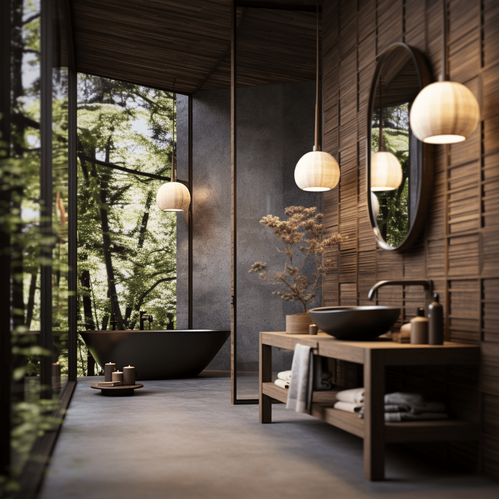 Charming Japandi design style bathroom with a blend of rustic and modern elements