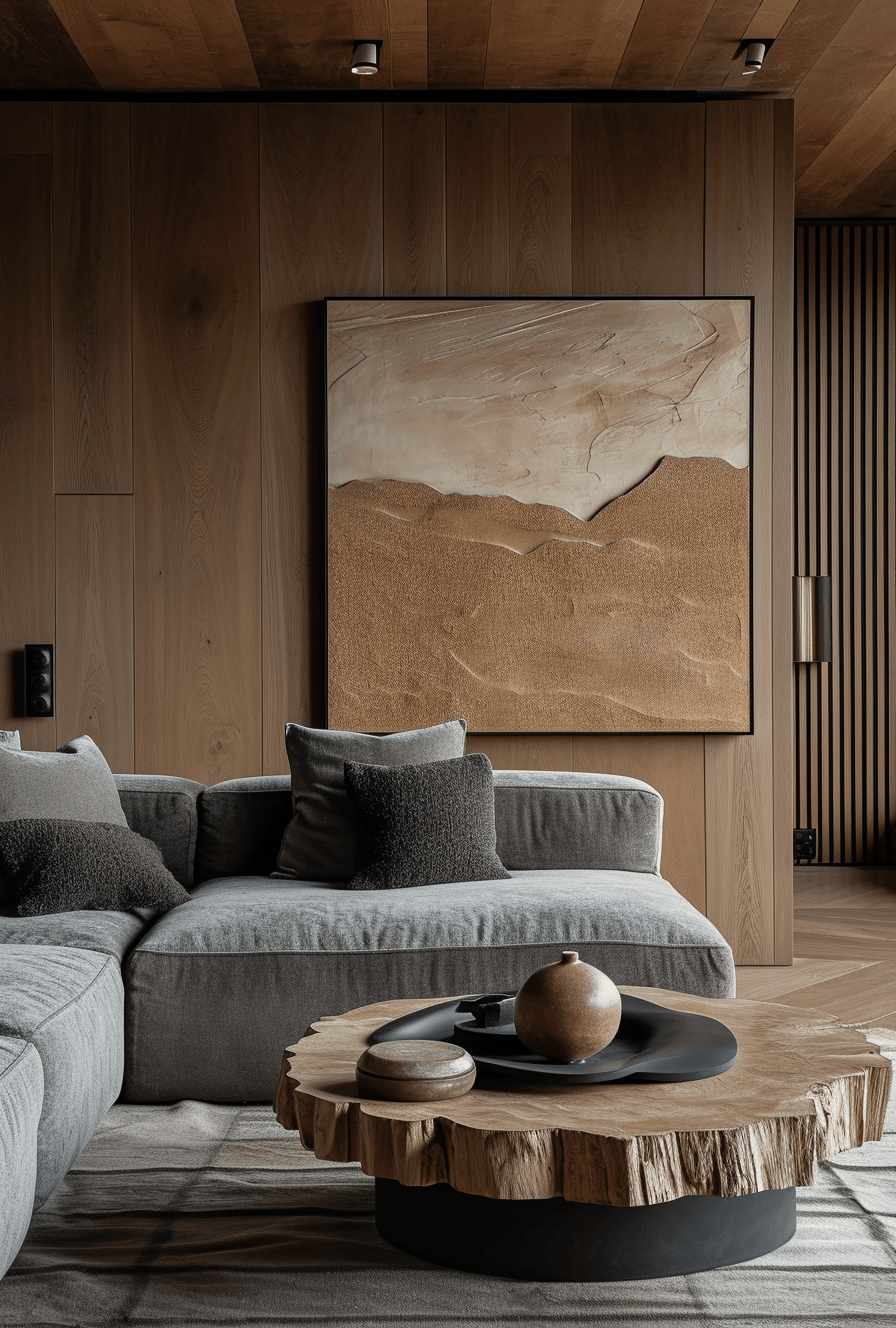 Charming Japandi living room with a mix of smooth and rough textures