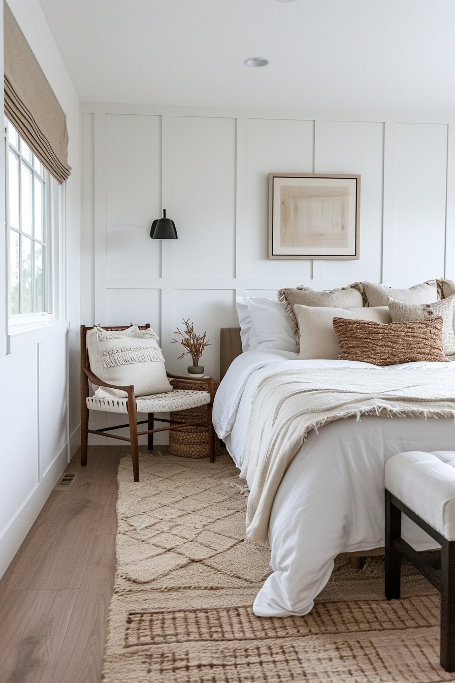Charming farmhouse bedroom with soft textures and a cozy, inviting atmosphere