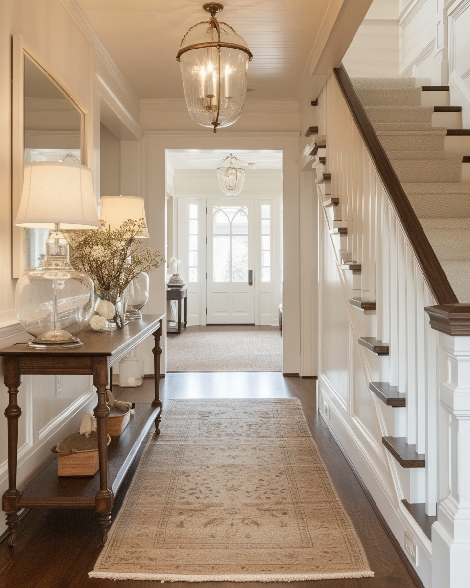 Charming farmhouse hallway with candle lanterns and ironstone collections displayed