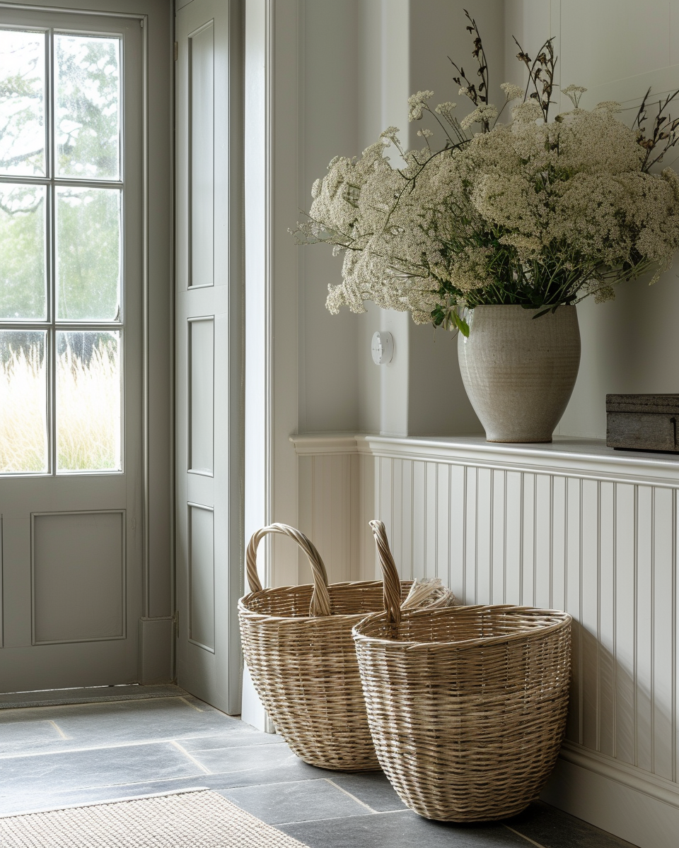 Charming farmhouse hallway with galvanized steel lighting and rustic accents