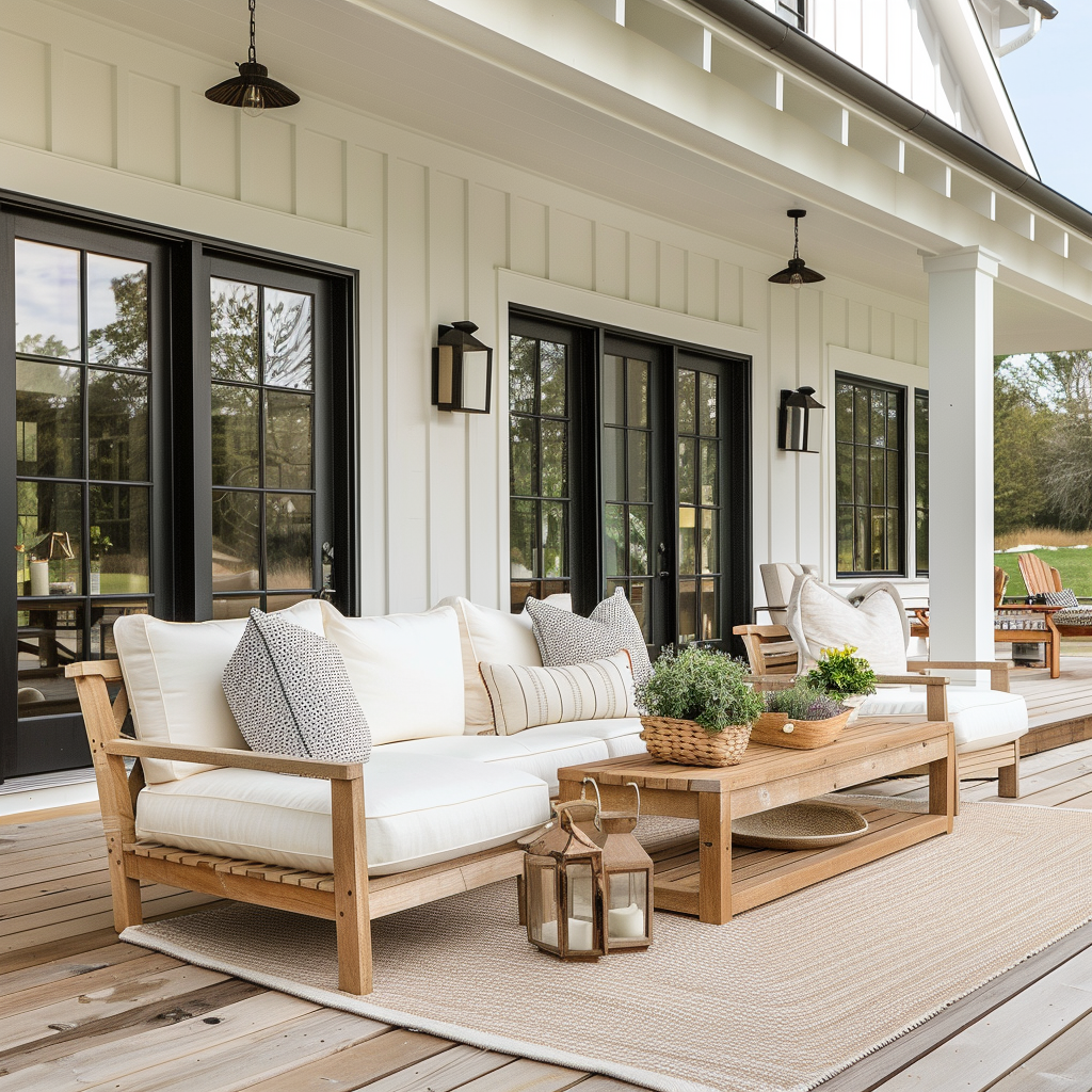 Charming modern farmhouse garden with decor and furnishings that match the home’s color palette