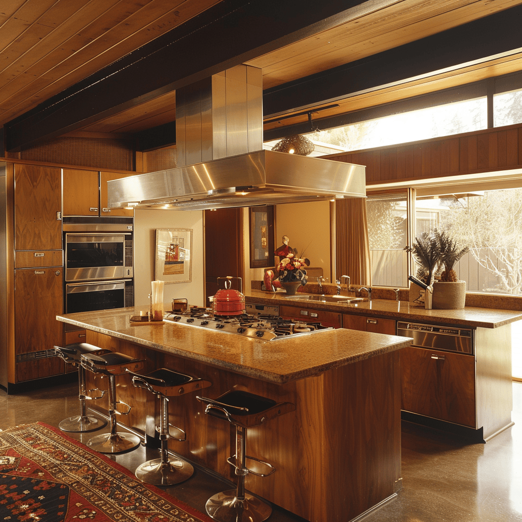 Chic 70s kitchen illuminated by unique pendant lights