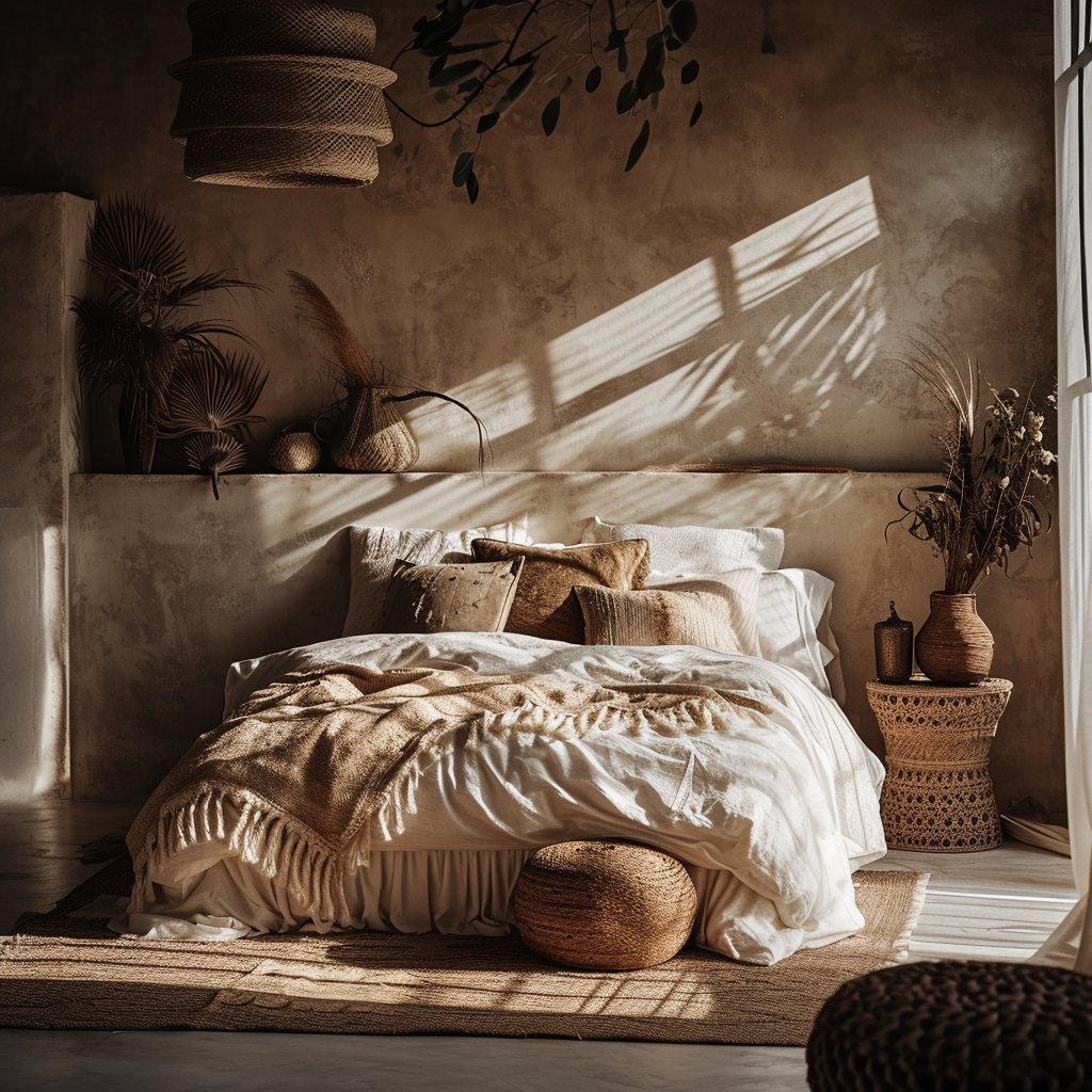 Chic Boho bedroom with hanging macramé and earthy tones
