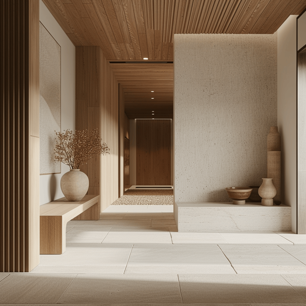 Chic Japandi hallway with a blend of rustic textures and modern simplicity