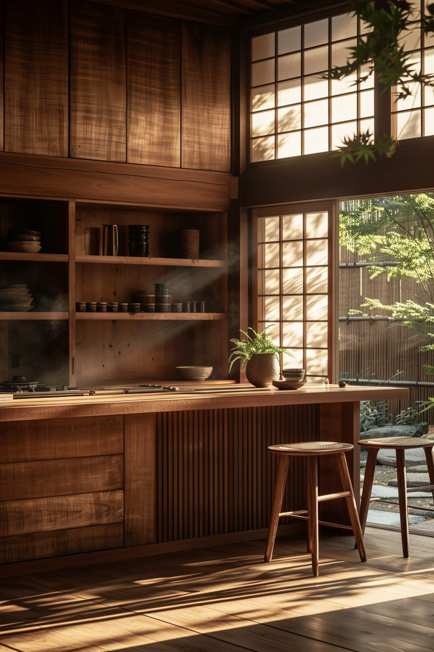 Chic Japanese kitchen decor with terrazzo countertops and porcelain soy sauce dispensers