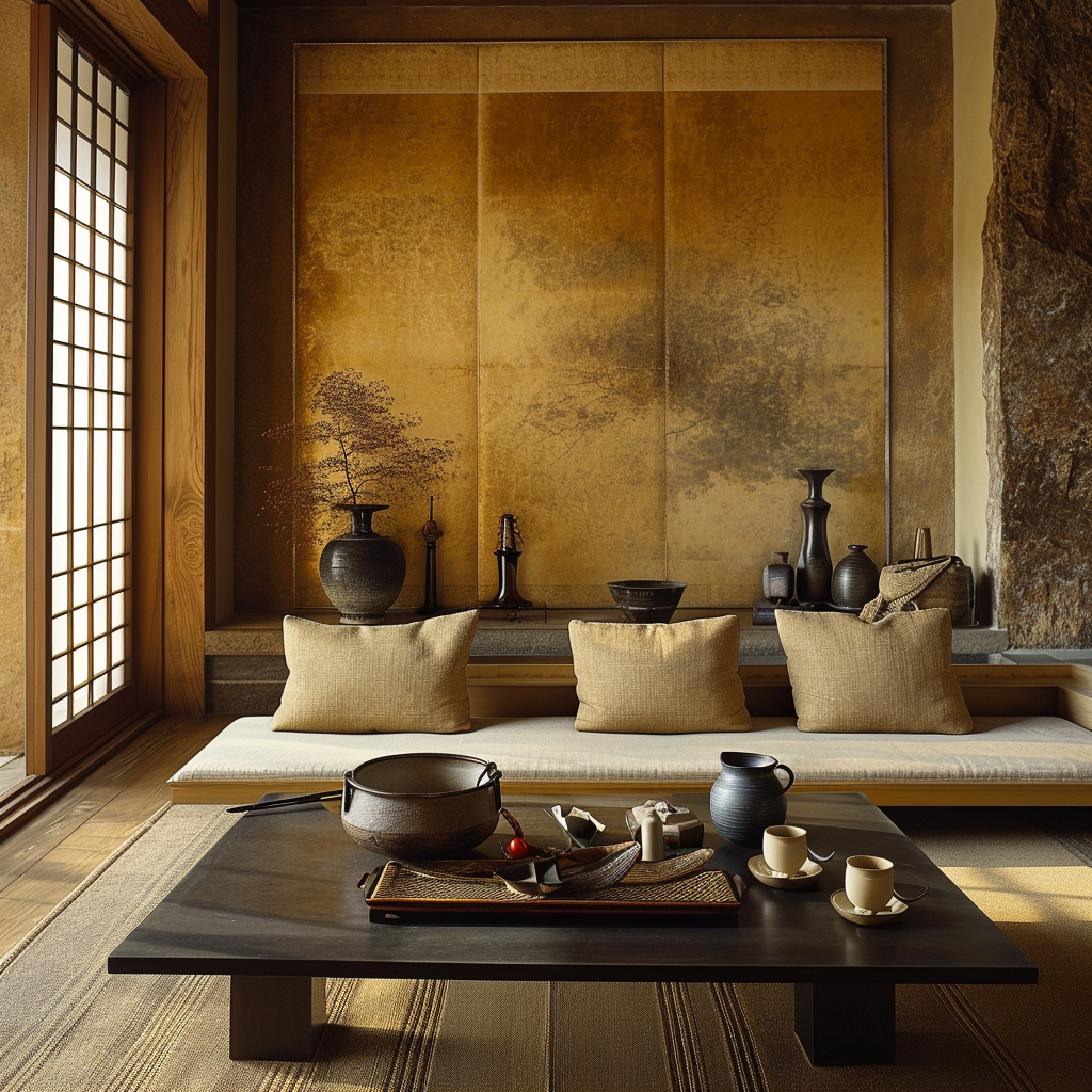 Chic Japanese living room with a combination of modern and traditional elements.