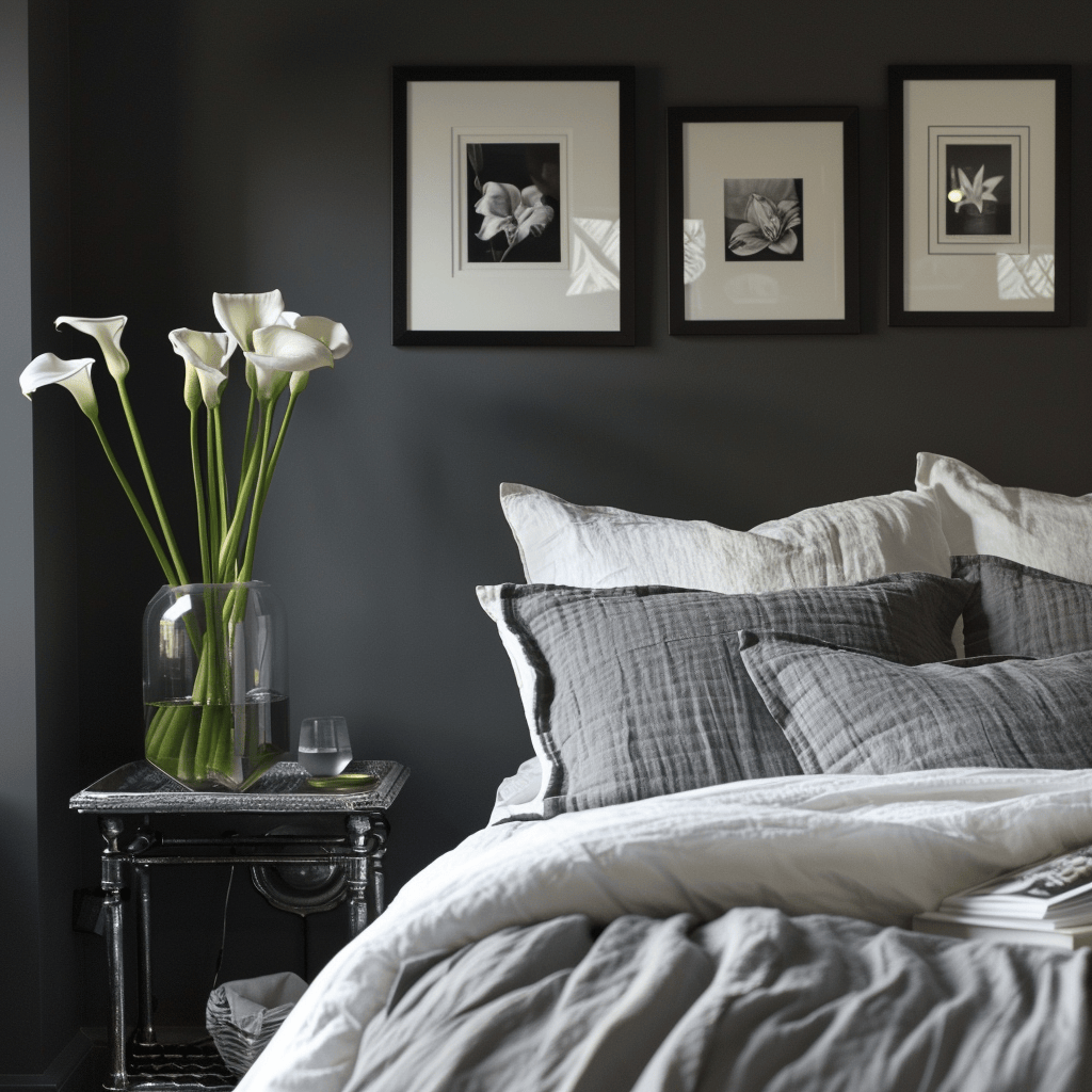 Chic Mediterranean bedroom with charcoal gray walls, a white linen duvet, black and white photos in silver frames, and white calla lilies
