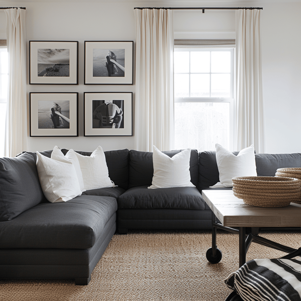 Chic Mediterranean living area with soft ivory, a striking charcoal sofa, and a mix of neutral accents