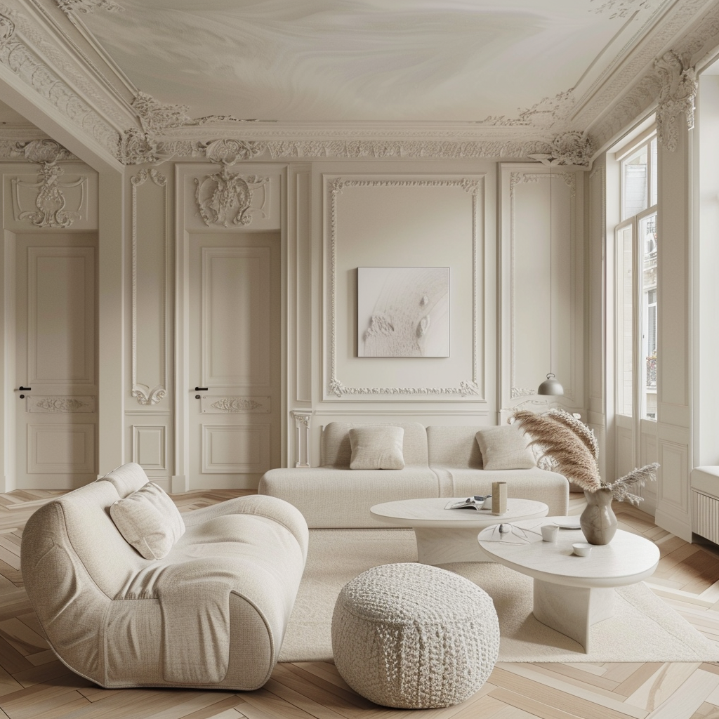 Chic Parisian lounge area with a harmonious blend of neutral colors, from the soft grey sofa to the beige wall tones
