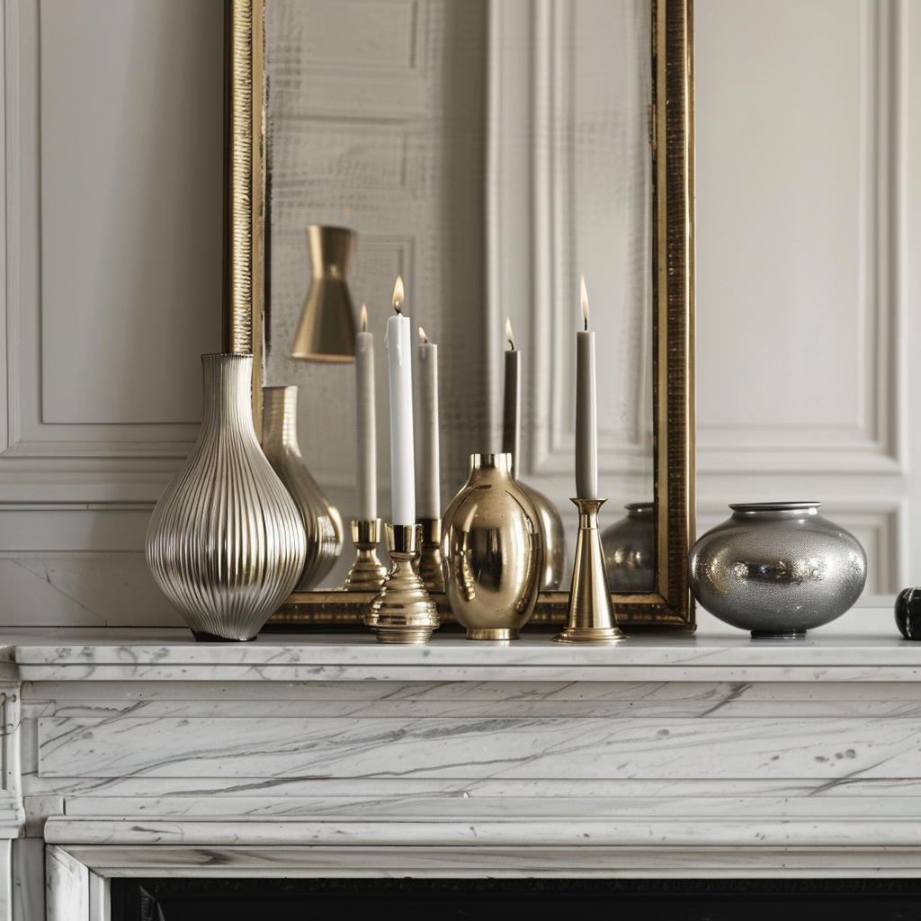 Chic bedroom with metallic accents, from the silver table lamp to the brass handles on the nightstand