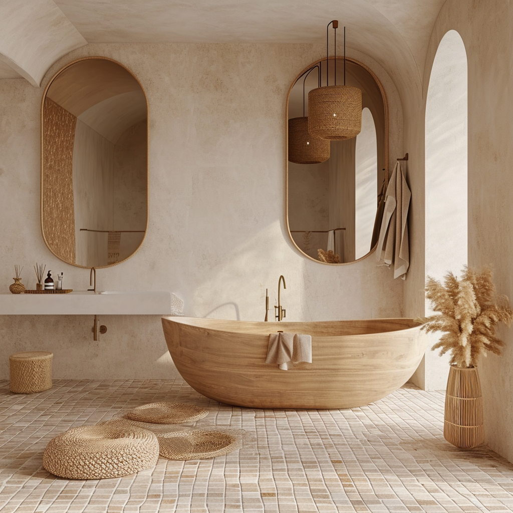 Chic boho bathroom with wicker baskets and geometric mirrors