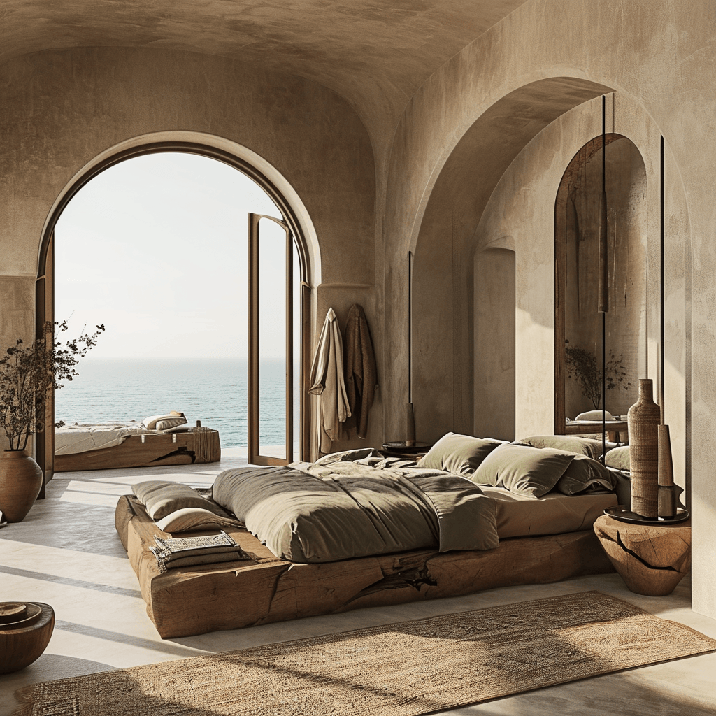 Chic coastal bedroom with dark furniture contrasting against light walls