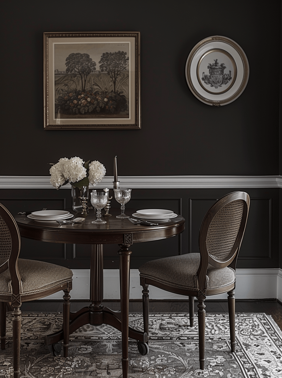 Chic dark interior design for dining room with oversized artwork