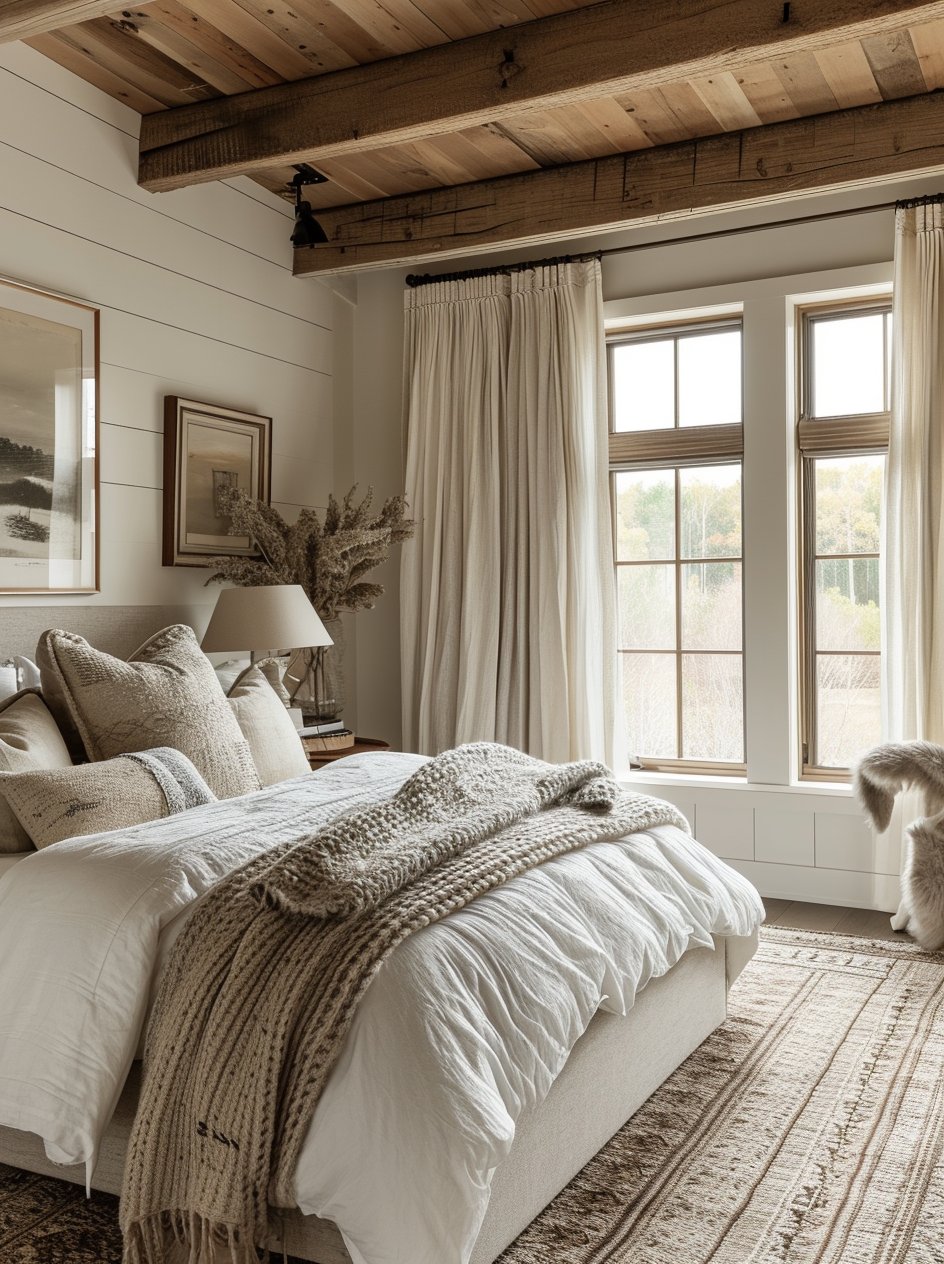 Chic farmhouse bedroom with a pop of color and stylish, modern touches